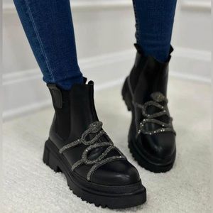 Women’s Black Rhinestone Snake Fashion Combat Boots